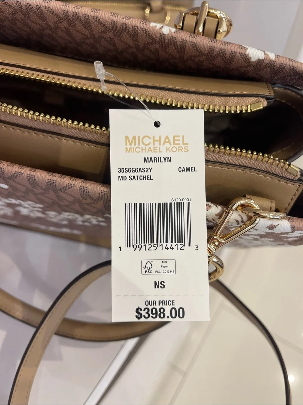 MICHAEL KORS Marilyn Medium Printed Signature Logo Satchel Crossbody  CAMEL NWT